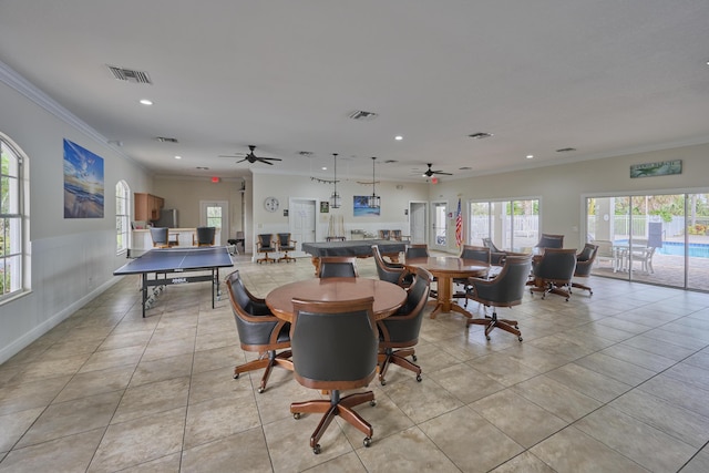 dining room with recessed lighting, light tile patterned flooring, visible vents, and crown molding