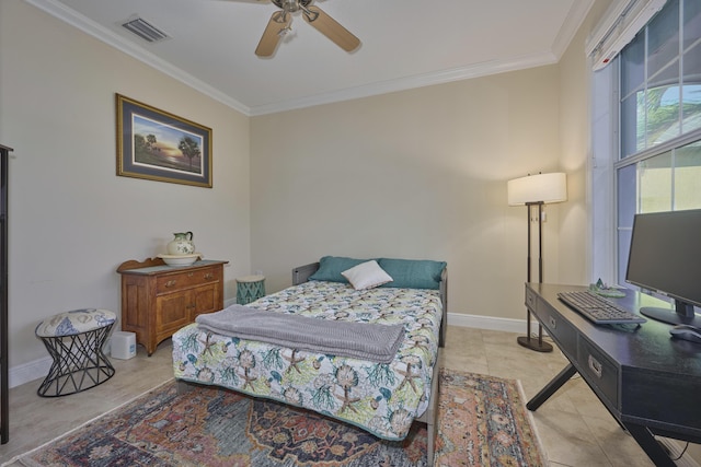 tiled bedroom with baseboards, a ceiling fan, visible vents, and crown molding