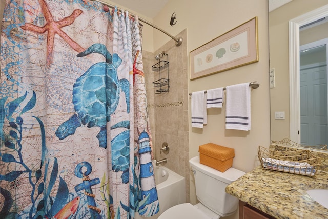 full bath featuring toilet, shower / bath combo with shower curtain, and vanity