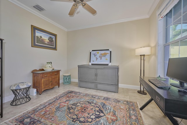 office space with ceiling fan, light tile patterned floors, and ornamental molding