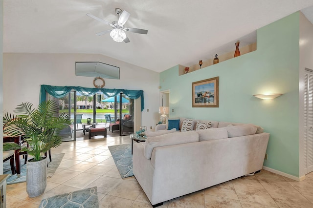 tiled living room featuring high vaulted ceiling and ceiling fan