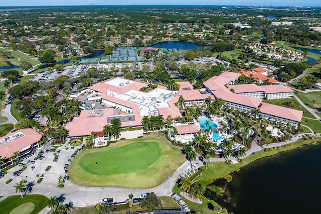 bird's eye view with a water view