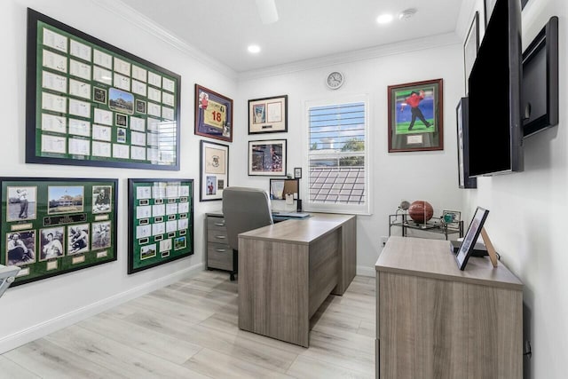 office with light wood-type flooring, ceiling fan, and crown molding