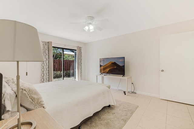 bedroom with light tile patterned floors, baseboards, access to exterior, and a ceiling fan