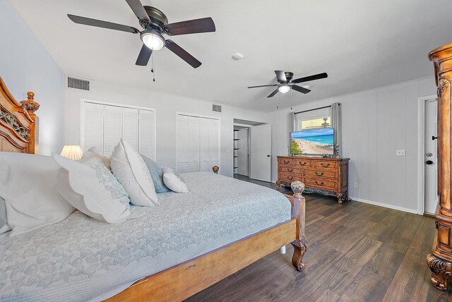 bedroom featuring dark hardwood / wood-style flooring and ceiling fan