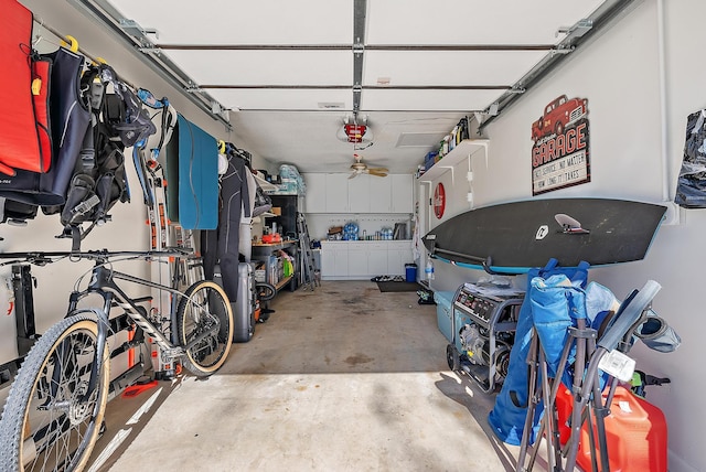 garage featuring ceiling fan and a garage door opener