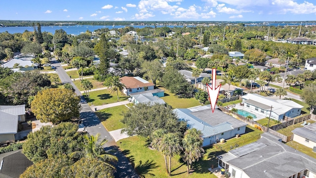 bird's eye view with a water view