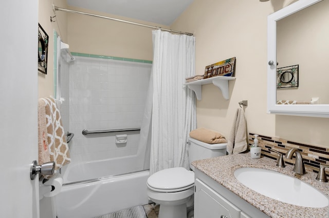 full bathroom featuring decorative backsplash, vanity, toilet, and shower / tub combo with curtain