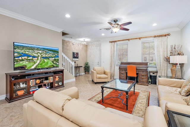 tiled living room featuring ceiling fan and ornamental molding