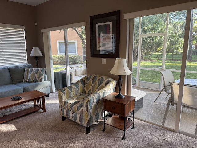 living room featuring light carpet and a wealth of natural light