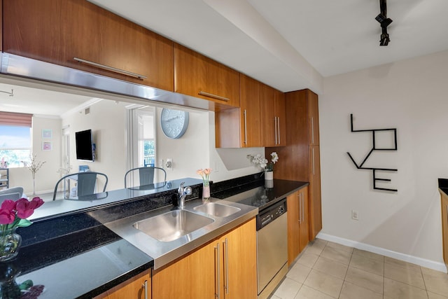 kitchen featuring dishwasher, track lighting, a healthy amount of sunlight, and sink