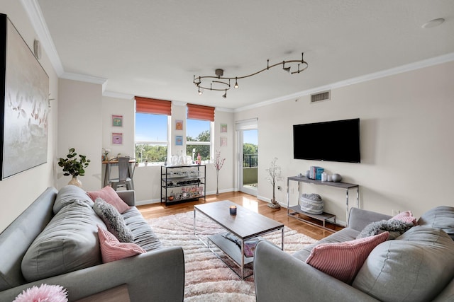 living room featuring light hardwood / wood-style floors and ornamental molding