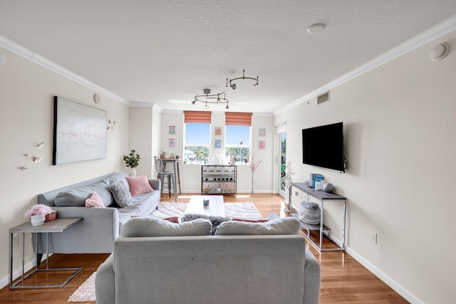 living room with hardwood / wood-style floors, crown molding, and a textured ceiling