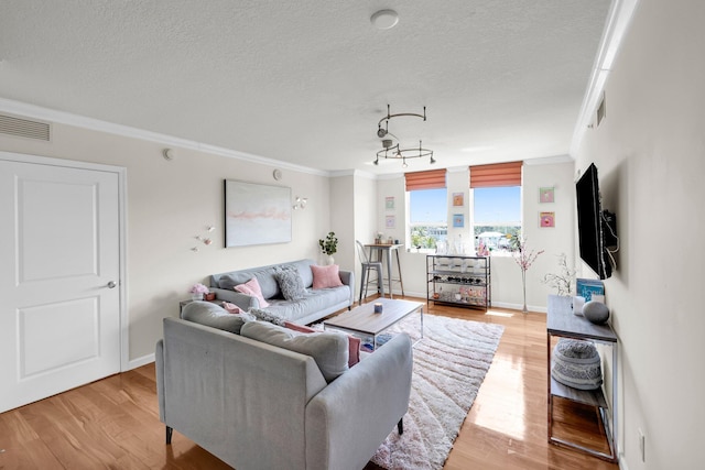 living room featuring hardwood / wood-style floors, a textured ceiling, and ornamental molding