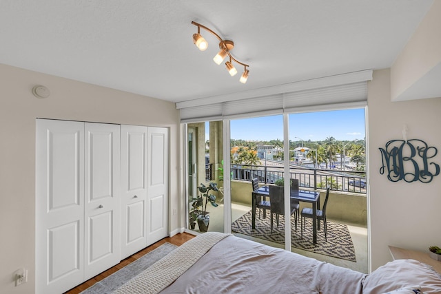 bedroom with access to outside, track lighting, a closet, and hardwood / wood-style flooring