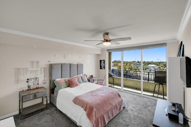 carpeted bedroom with access to exterior, floor to ceiling windows, ornamental molding, a textured ceiling, and ceiling fan