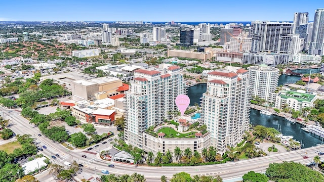 bird's eye view with a water view