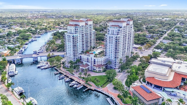 bird's eye view with a water view