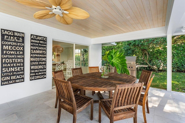 exterior space with ceiling fan and wood ceiling