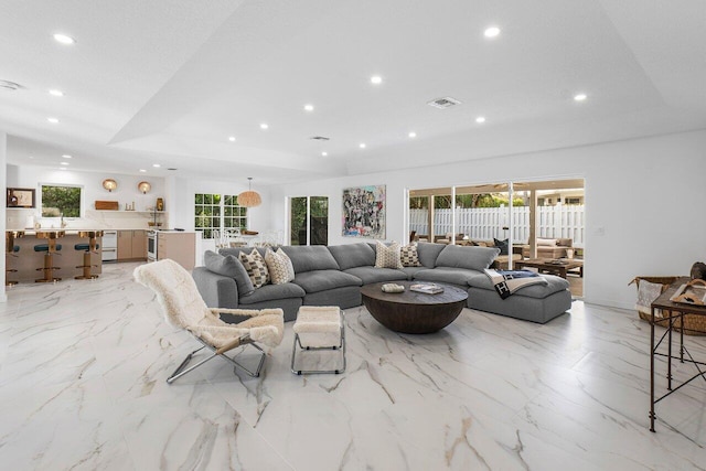 living room with a raised ceiling