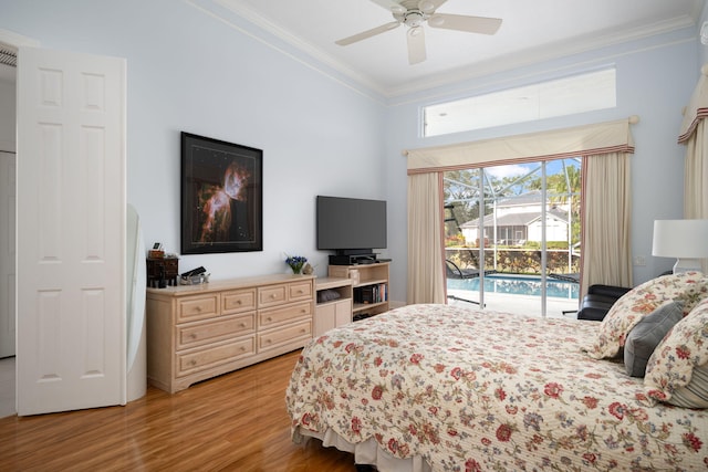 bedroom with access to exterior, ceiling fan, light hardwood / wood-style flooring, and ornamental molding