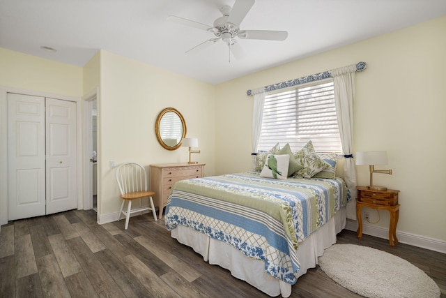 bedroom with a closet, ceiling fan, and dark wood-type flooring