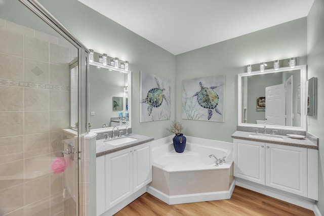 bathroom featuring vanity, plus walk in shower, and wood-type flooring