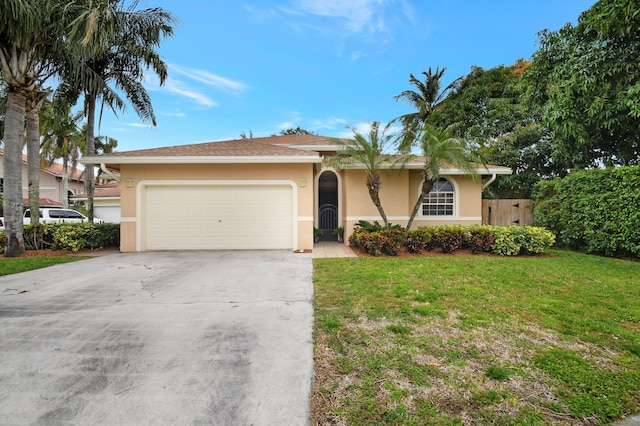 ranch-style home with a garage and a front lawn