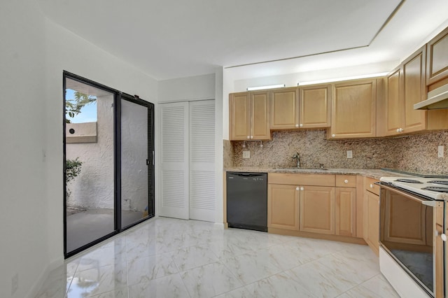 kitchen featuring sink, tasteful backsplash, light brown cabinets, electric range, and dishwasher