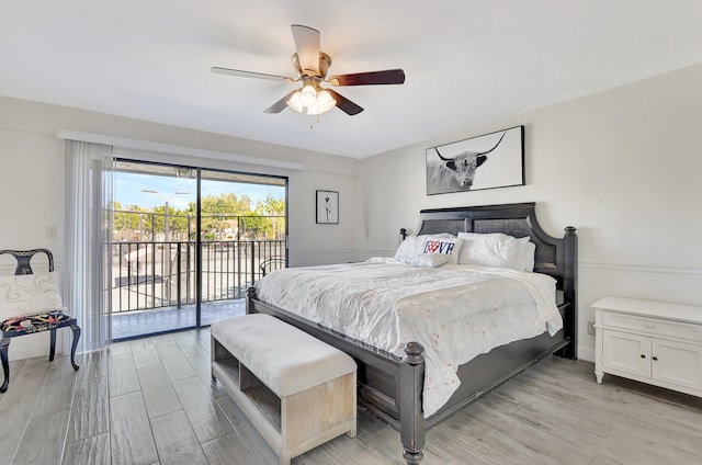 bedroom with light wood-type flooring, access to outside, and ceiling fan