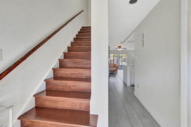 stairs with ceiling fan and wood-type flooring