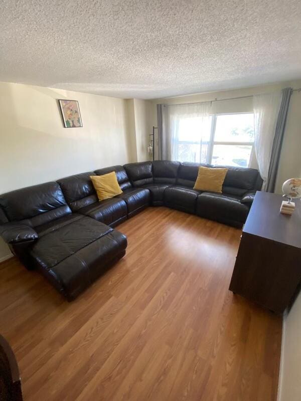 living room featuring wood-type flooring and a textured ceiling