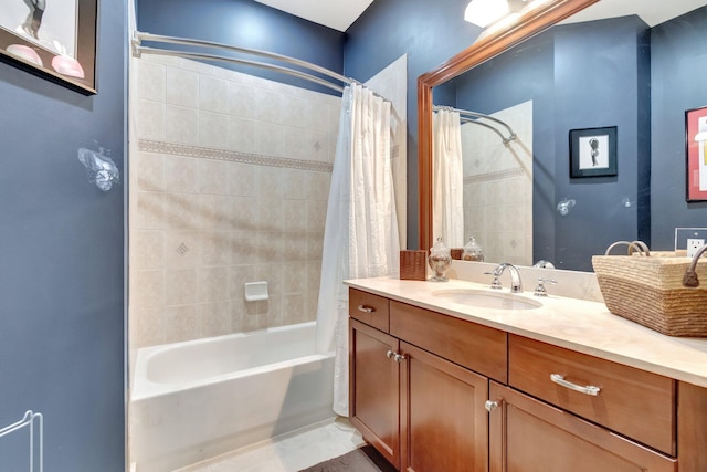 bathroom with shower / bath combination with curtain and vanity