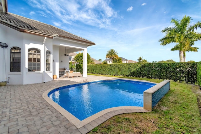 view of swimming pool featuring ceiling fan and a patio