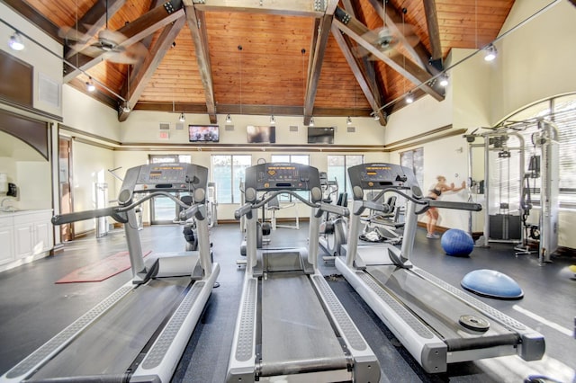 gym featuring ceiling fan, high vaulted ceiling, and wood ceiling