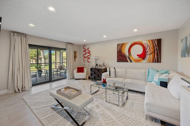 tiled living room with a textured ceiling