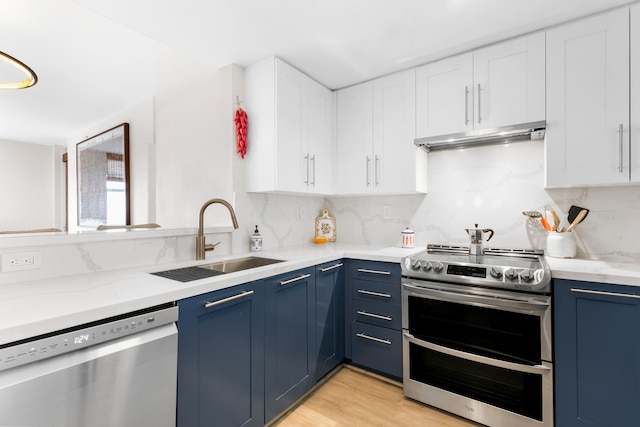 kitchen with white cabinets, appliances with stainless steel finishes, sink, and blue cabinets