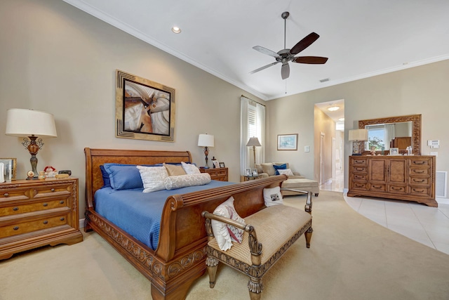 tiled bedroom featuring crown molding and ceiling fan