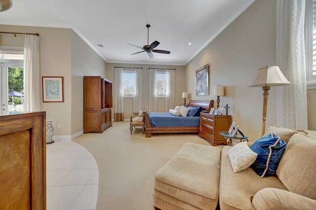 bedroom with ceiling fan, ornamental molding, and light tile patterned floors