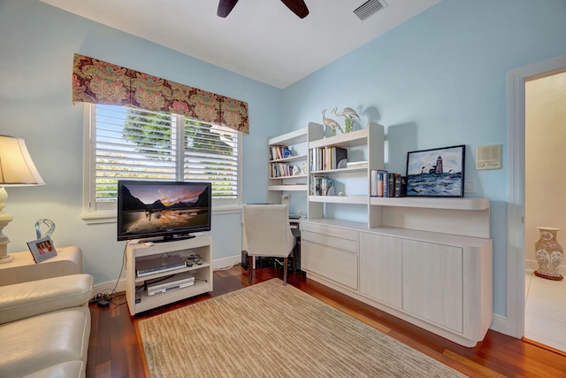 office featuring ceiling fan and hardwood / wood-style floors