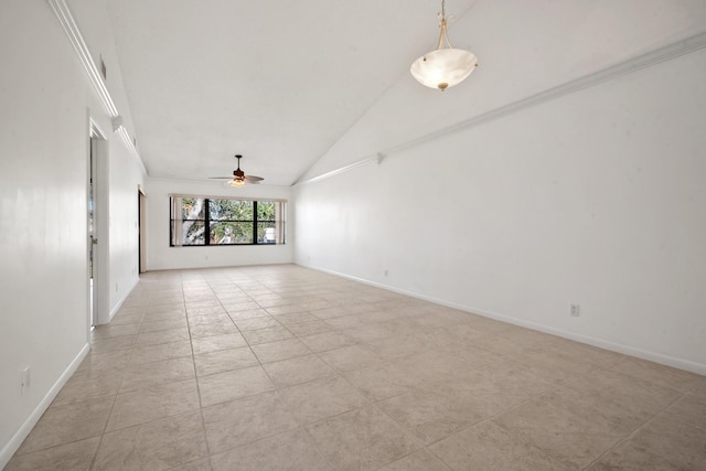 empty room with ceiling fan, light tile patterned floors, crown molding, and high vaulted ceiling