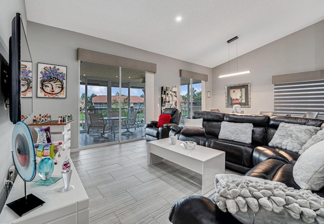 living room featuring a textured ceiling, vaulted ceiling, and plenty of natural light