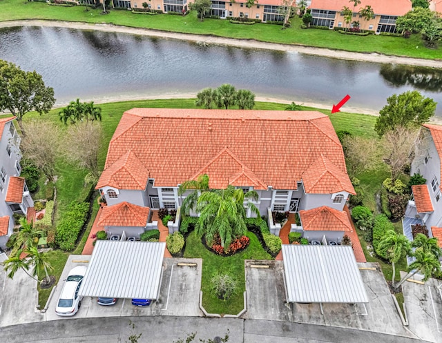 aerial view featuring a water view