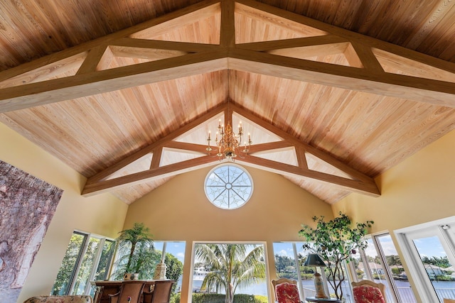 room details with wood ceiling and a chandelier