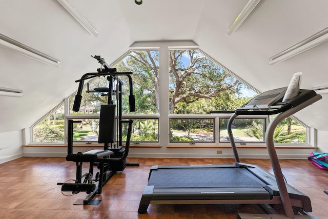 workout area featuring lofted ceiling