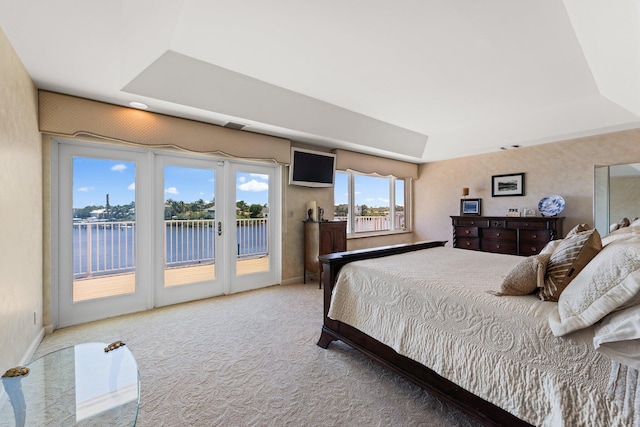 carpeted bedroom with a tray ceiling, baseboards, and access to outside