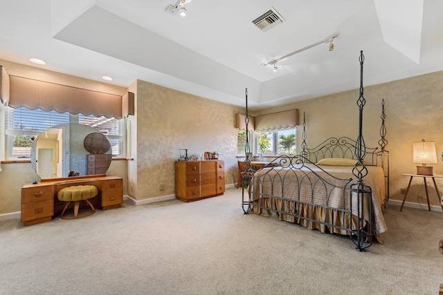 bedroom with carpet, visible vents, baseboards, a tray ceiling, and rail lighting