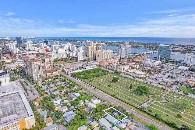 bird's eye view with a water view