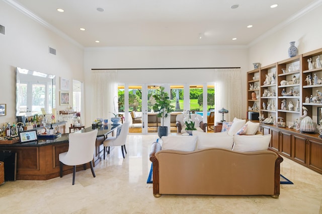 living room with crown molding