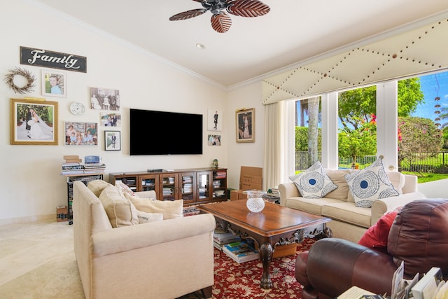 living room with lofted ceiling, ceiling fan, and crown molding